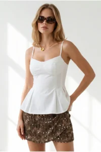 Olalook Women's White Strap Adjustable Pleat Detailed Soild Blouse - Image 4