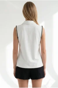 Olalook Women's Ecru Polo Neck Zippered Garnished Flexible Blouse - Image 5