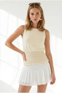 Olalook Women's Yellow Waist Gipped Sleeveless Cotton Blouse - Image 2