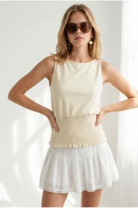 Olalook Women's Yellow Waist Gipped Sleeveless Cotton Blouse - Image 3