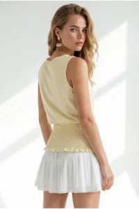 Olalook Women's Yellow Waist Gipped Sleeveless Cotton Blouse - Image 4