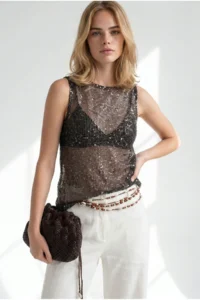 Olalook Women's Brown Lurex Sequined Mesh Blouse