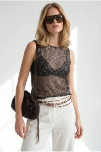 Olalook Women's Brown Lurex Sequined Mesh Blouse - Image 2