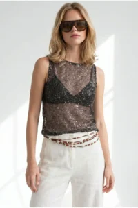 Olalook Women's Brown Lurex Sequined Mesh Blouse - Image 3