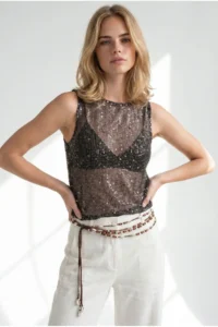 Olalook Women's Brown Lurex Sequined Mesh Blouse - Image 4