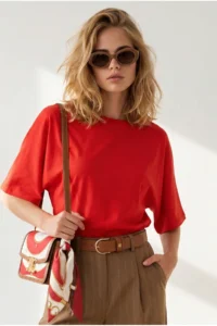 Olalook Women's Red Waist Loose Crop Viscose Blouse - Image 2
