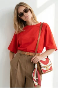 Olalook Women's Red Waist Loose Crop Viscose Blouse - Image 3