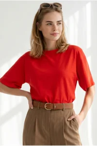 Olalook Women's Red Waist Loose Crop Viscose Blouse - Image 4