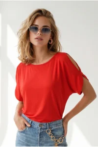 Olalook Women's Red Sleeve Decollete Boat Neck Blouse
