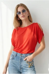 Olalook Women's Red Sleeve Decollete Boat Neck Blouse - Image 2