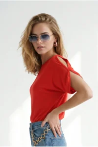 Olalook Women's Red Sleeve Decollete Boat Neck Blouse - Image 3