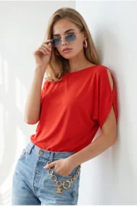 Olalook Women's Red Sleeve Decollete Boat Neck Blouse - Image 4