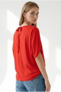 Olalook Women's Red Sleeve Decollete Boat Neck Blouse - Image 5