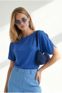 Olalook Women's Saks Blue Sleeve Decollete Boat Neck Blouse - Image 2