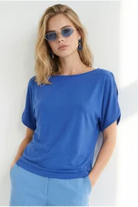 Olalook Women's Saks Blue Sleeve Decollete Boat Neck Blouse - Image 3