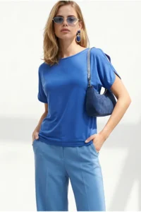Olalook Women's Saks Blue Sleeve Decollete Boat Neck Blouse - Image 4