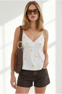 Olalook Women's White Strap Embroidered Double Breasted Blouse - Image 2