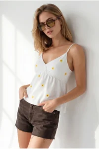 Olalook Women's White Strap Embroidered Double Breasted Blouse - Image 4