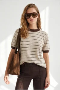 Olalook Women's Beige Brown Stripe Openwork Color Detailed Knitwear Blouse