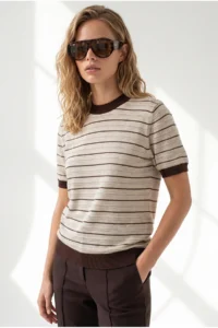 Olalook Women's Beige Brown Stripe Openwork Color Detailed Knitwear Blouse - Image 2