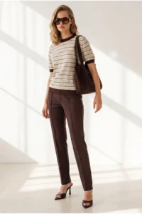 Olalook Women's Beige Brown Stripe Openwork Color Detailed Knitwear Blouse - Image 3