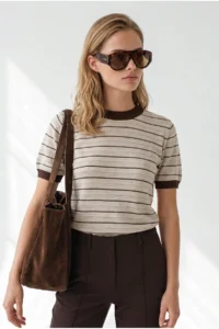 Olalook Women's Beige Brown Stripe Openwork Color Detailed Knitwear Blouse - Image 4