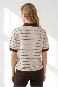 Olalook Women's Beige Brown Stripe Openwork Color Detailed Knitwear Blouse - Image 5