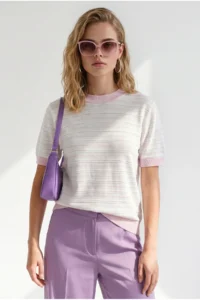 Olalook Women's White Pink Stripe Openwork Color Detailed Knitwear Blouse