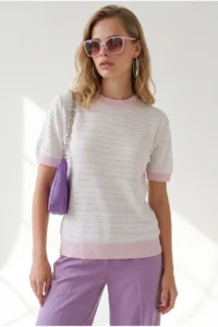 Olalook Women's White Pink Stripe Openwork Color Detailed Knitwear Blouse - Image 2
