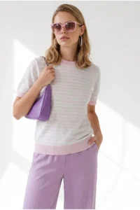Olalook Women's White Pink Stripe Openwork Color Detailed Knitwear Blouse - Image 3