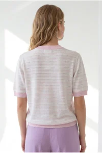 Olalook Women's White Pink Stripe Openwork Color Detailed Knitwear Blouse - Image 4