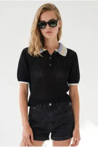 Olalook Women's Black Openwork Collar Color Detailed Knitwear Blouse - Image 2