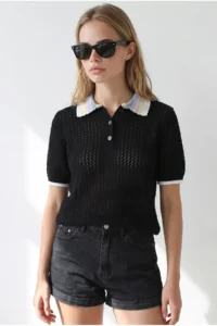Olalook Women's Black Openwork Collar Color Detailed Knitwear Blouse - Image 3