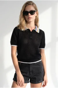 Olalook Women's Black Openwork Collar Color Detailed Knitwear Blouse - Image 4
