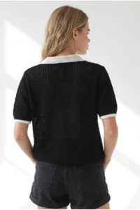 Olalook Women's Black Openwork Collar Color Detailed Knitwear Blouse - Image 5