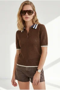 Olalook Women's Brown Openwork Collar Color Detailed Knitwear Blouse