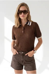 Olalook Women's Brown Openwork Collar Color Detailed Knitwear Blouse - Image 2