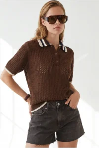 Olalook Women's Brown Openwork Collar Color Detailed Knitwear Blouse - Image 3