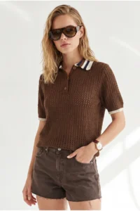 Olalook Women's Brown Openwork Collar Color Detailed Knitwear Blouse - Image 4