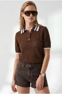 Olalook Women's Brown Openwork Collar Color Detailed Knitwear Blouse - Image 5