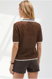 Olalook Women's Brown Openwork Collar Color Detailed Knitwear Blouse - Image 6