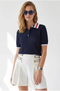 Olalook Women's Navy Blue Openwork Collar Color Detailed Knitwear Blouse - Image 2