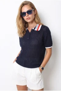 Olalook Women's Navy Blue Openwork Collar Color Detailed Knitwear Blouse - Image 3
