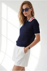 Olalook Women's Navy Blue Openwork Collar Color Detailed Knitwear Blouse - Image 4