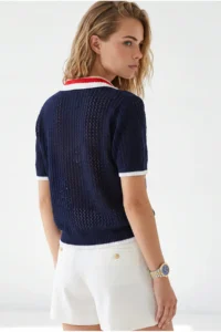 Olalook Women's Navy Blue Openwork Collar Color Detailed Knitwear Blouse - Image 5