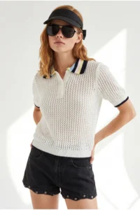 Olalook Women's White Openwork Collar Color Detailed Knitwear Blouse