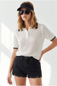 Olalook Women's White Openwork Collar Color Detailed Knitwear Blouse - Image 2