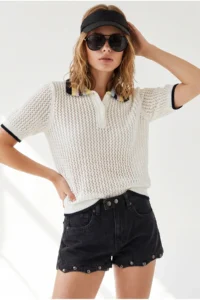 Olalook Women's White Openwork Collar Color Detailed Knitwear Blouse - Image 3
