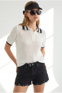 Olalook Women's White Openwork Collar Color Detailed Knitwear Blouse - Image 4