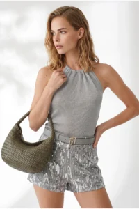Olalook Women's Silver Halter Neck Backless Metallic Semi-Transparent Blouse - Image 5